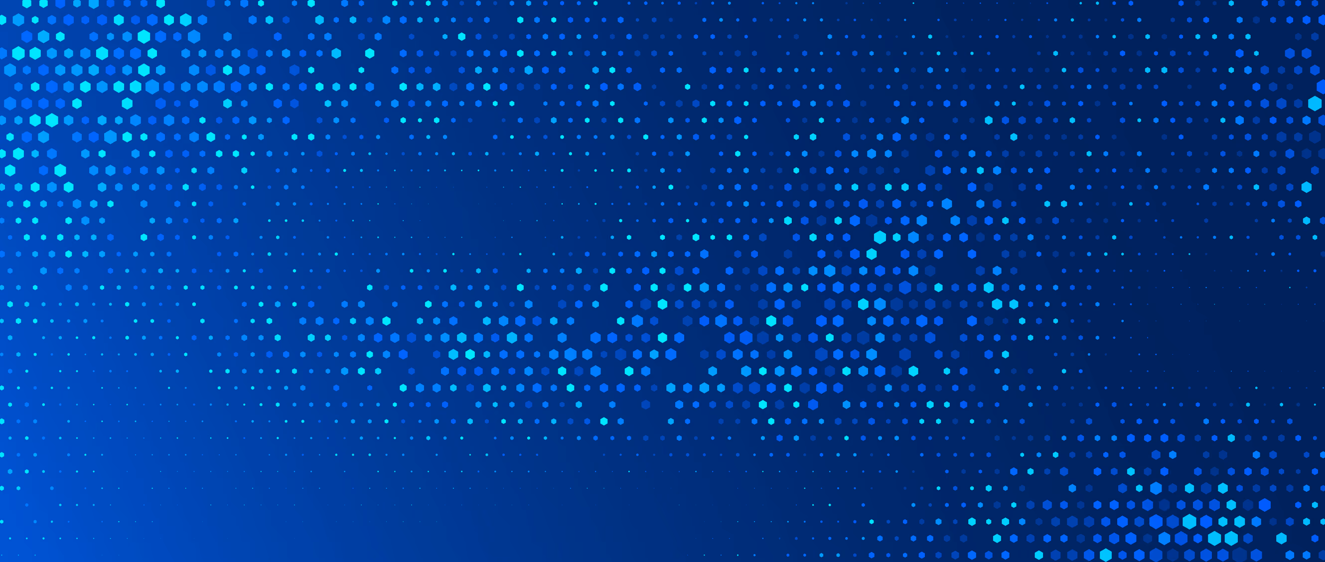Background pattern of blue hexagons in varying shades and sizes on a dark blue gradient, arranged in a curved, swirling formation.