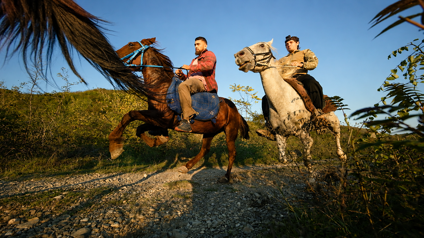 Riders on horseback in the Caucasus at dusk