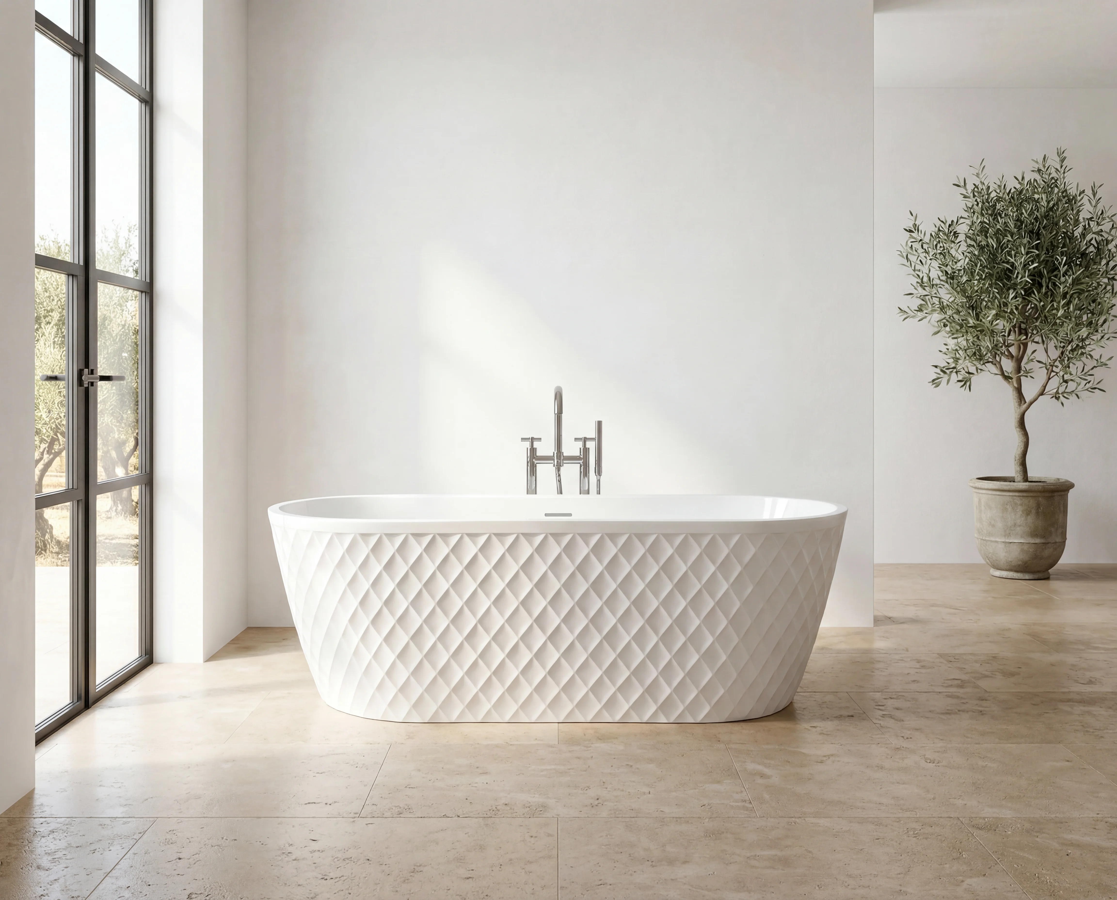 White oval freestanding bath positioned beside a tall window with soft morning light and warm stone floor tiles in an aspirational luxury bathroom by Elani Journal