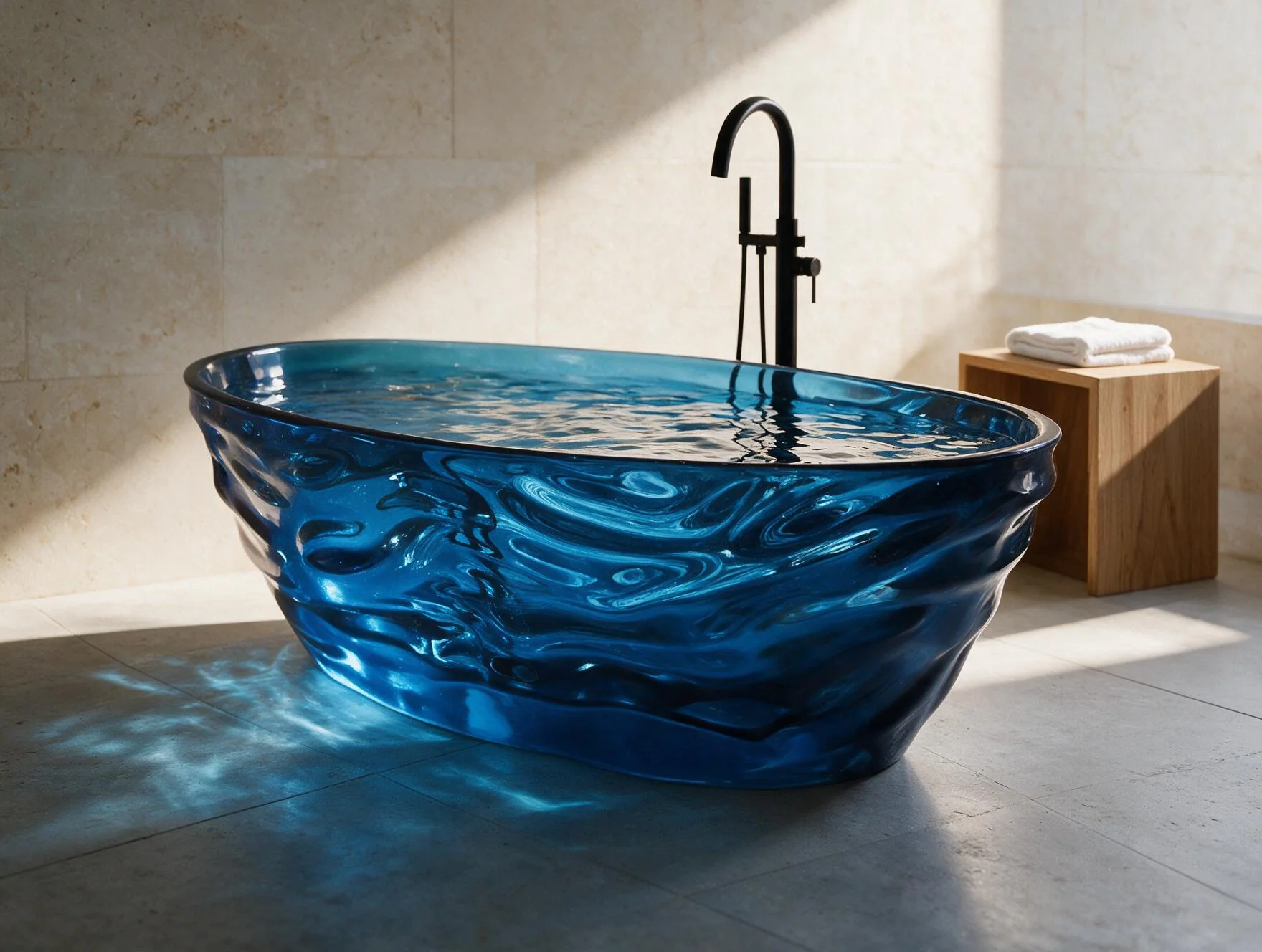 Aquaire sculptural blue freestanding bath styled to show its translucent glow