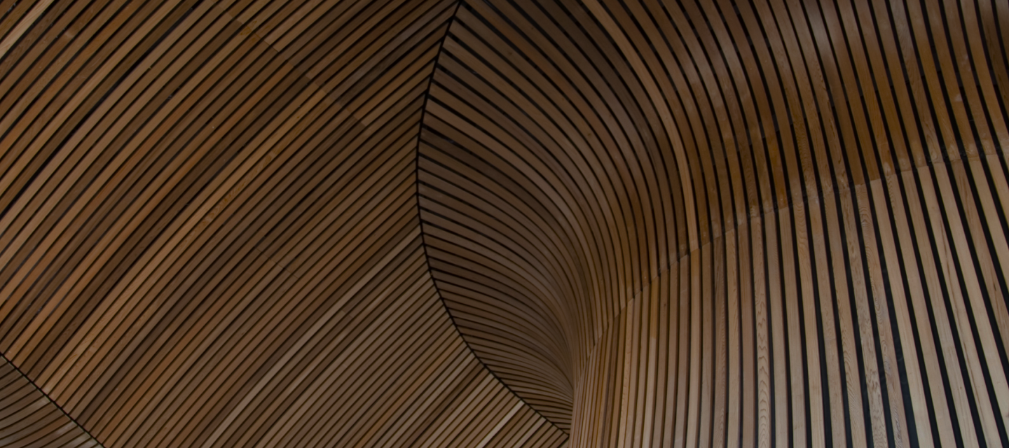 Wooden ceiling with intricate design and small individual panels.