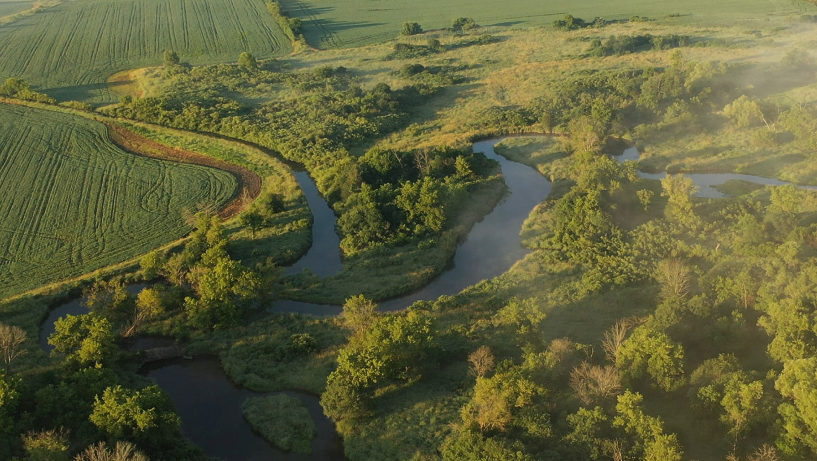 river and green fields 