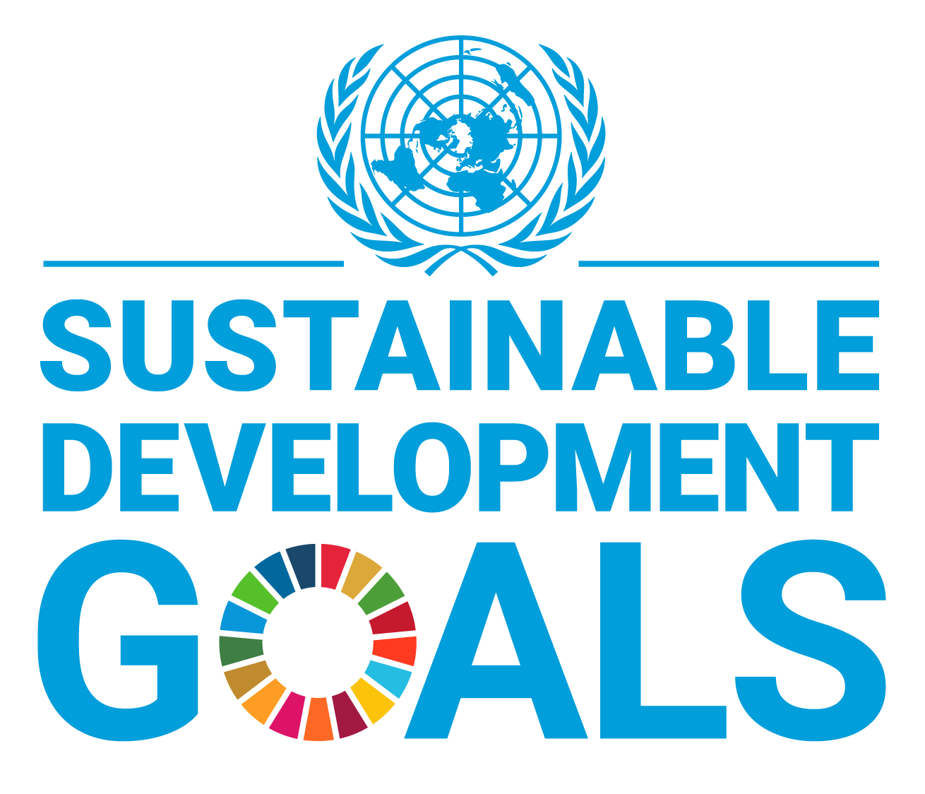 United Nations emblem above text reading Sustainable Development Goals with the O in Goals depicted as a multi-colored circular wheel.