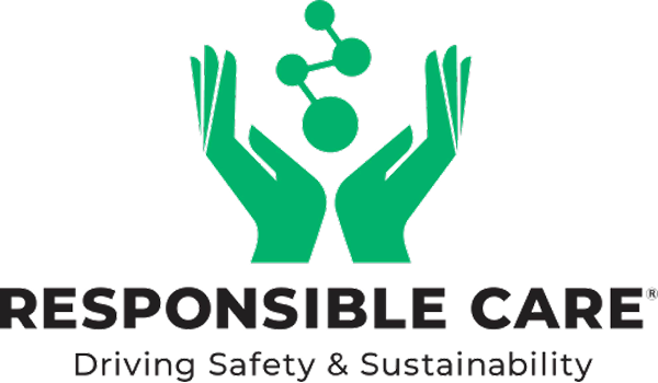 Responsible Care logo with green hands holding a molecular structure above the text 'Driving Safety & Sustainability'.