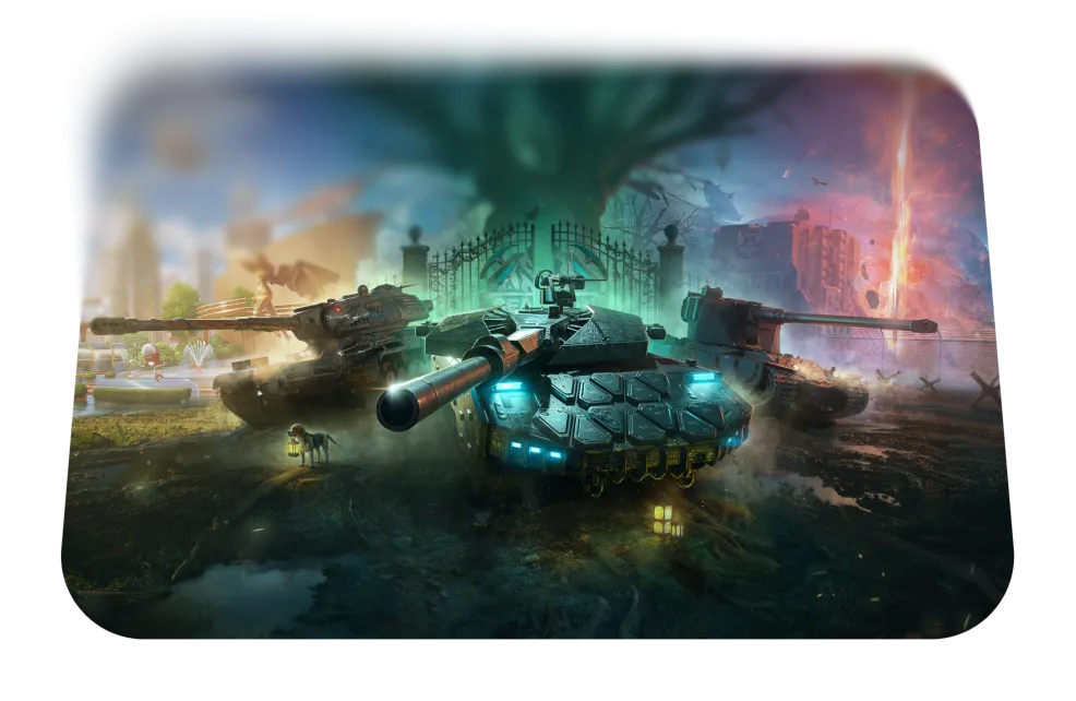 Winter snowman holiday tanks: Snowy festive village with Christmas snowman tanks, snowmen, and lanterns.