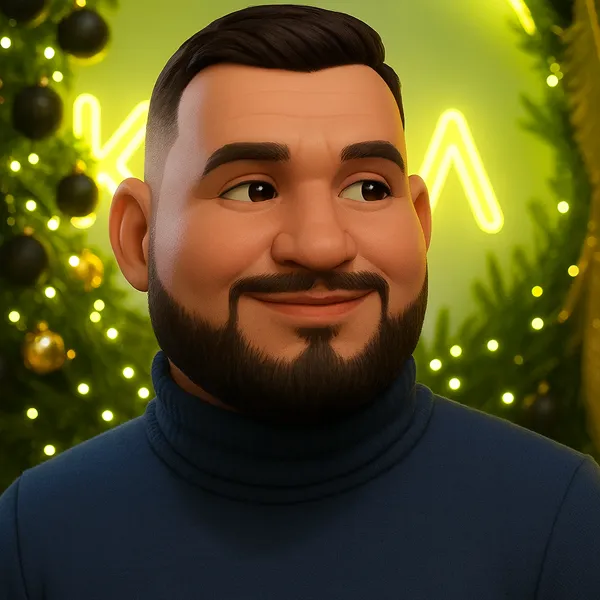 Nikolaj Yatsyshyn, man in blue sweater with yellow angular glow frame, CTO.