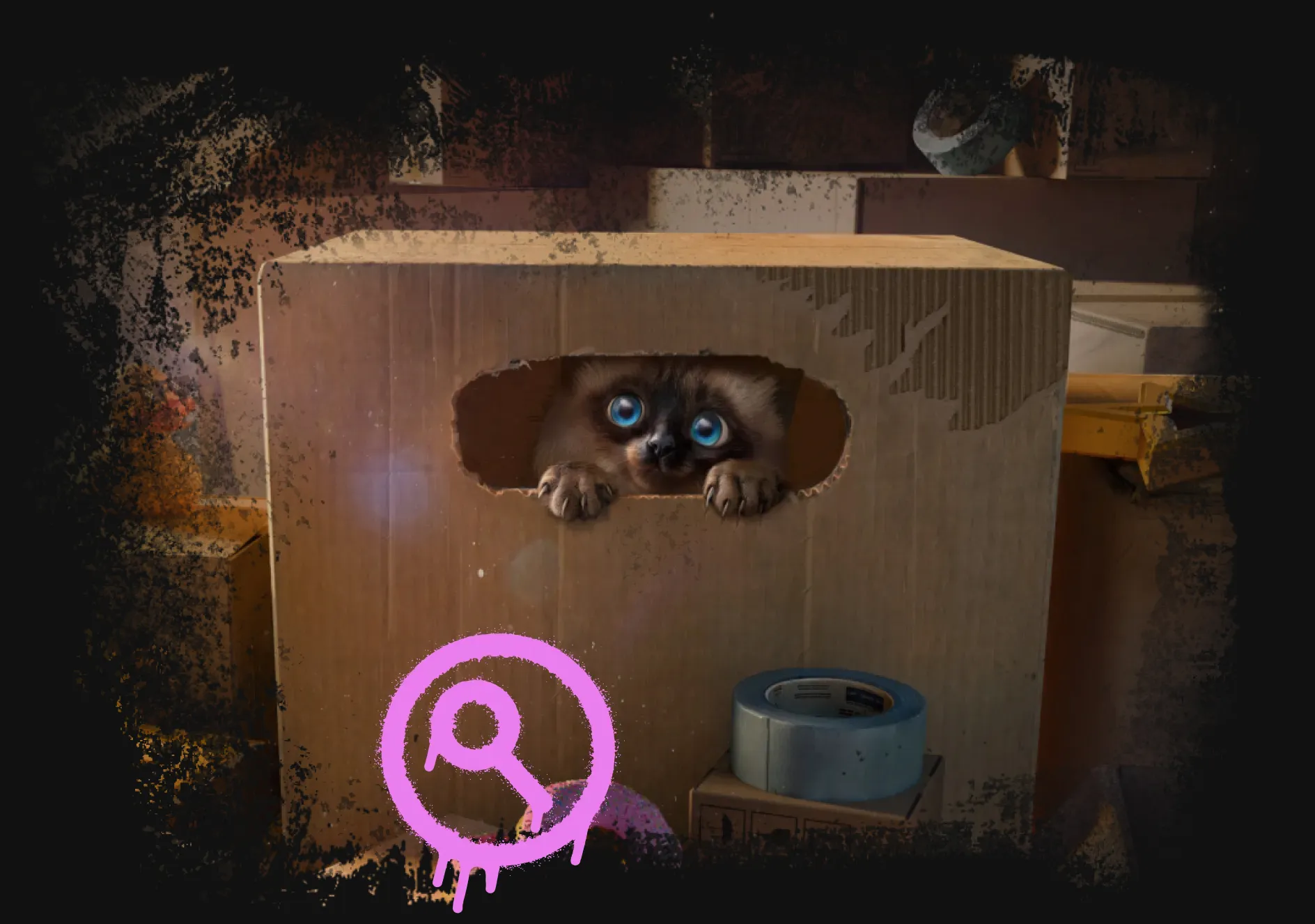 Cute kitten with blue eyes peeking out from a cardboard box on the right side of the infographic, featuring pink tape, a magnifying glass icon, and graffiti-style accents on a dark background.