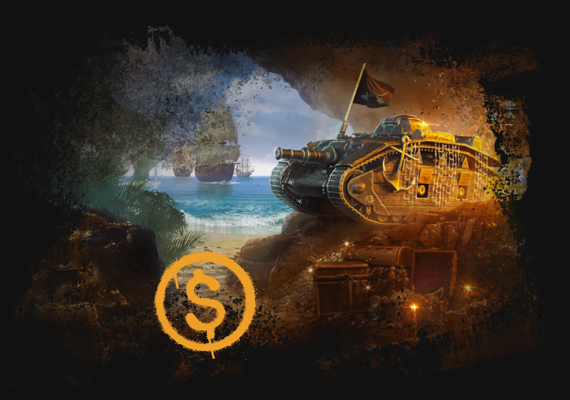 Rugged military vehicles emerging from a rocky cave overlooking a beach with ocean waves and a flag on the right side of the infographic panel.
