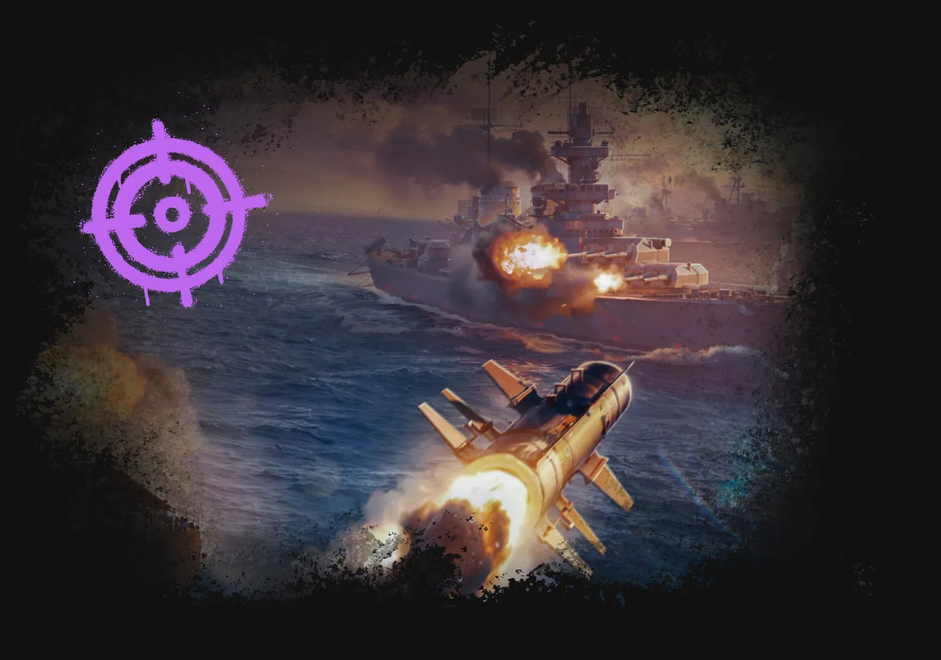 Airship or hovercraft firing purple target blasts amid explosions over ocean waves on the right side of the workflow infographic.