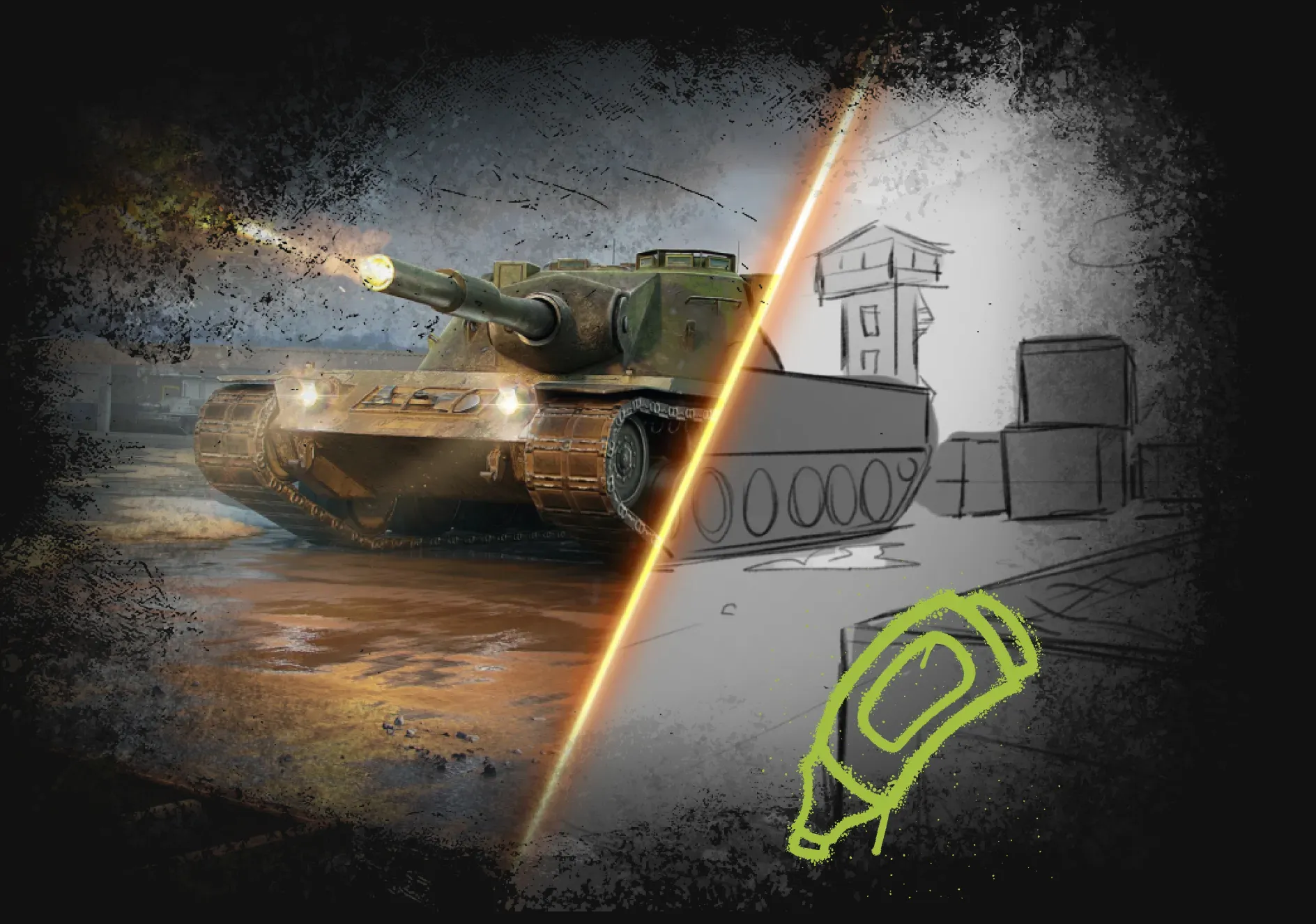 Tank firing a green energy blast amid sandy ruins with a glowing green bottle icon on the right side of the workflow infographic.