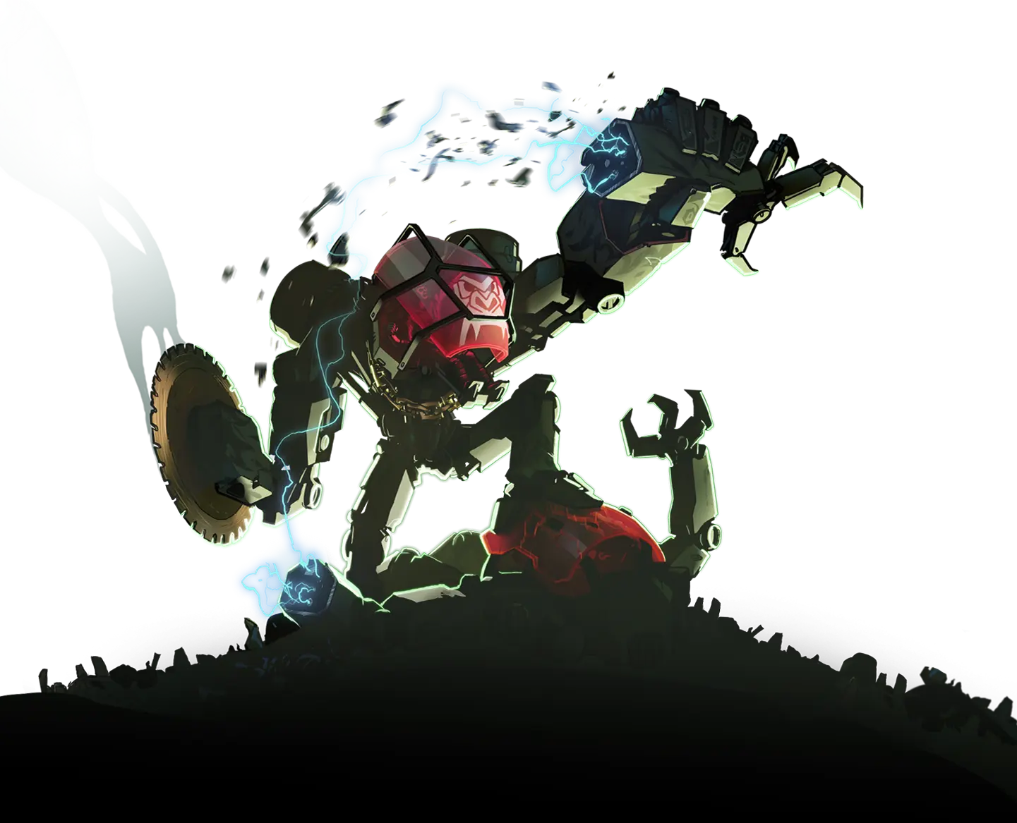 Dramatic fan artwork of a hulking mech robot from Mech Arena or Armored Core style, posing powerfully on dark smoky ground; features glowing red core chest, spiked angular armor, right arm as massive circular buzzsaw shield with chain links, left claw arm crackling blue lightning energy bolts.