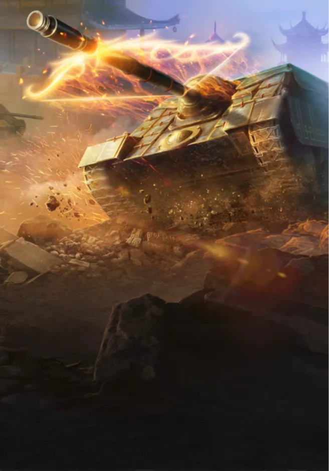 High-energy action artwork from World of Tanks Blitz featuring a gray tank firing a blazing orange fiery shell with spiraling trails toward ancient Chinese pagoda temple under purple hazy sky; dramatic explosions, rubble, and motion blur convey intense destruction amid rocky terrain.