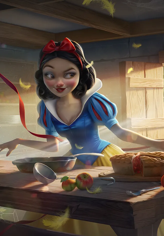 Whimsical digital fan art of Snow White in a cozy wooden cottage kitchen, young woman with black bow, blue puffed sleeves dress, yellow skirt, playfully tossing red apple while smiling slyly; golden light streams through open door with feathers floating, bowl, pie, utensils on rustic table.