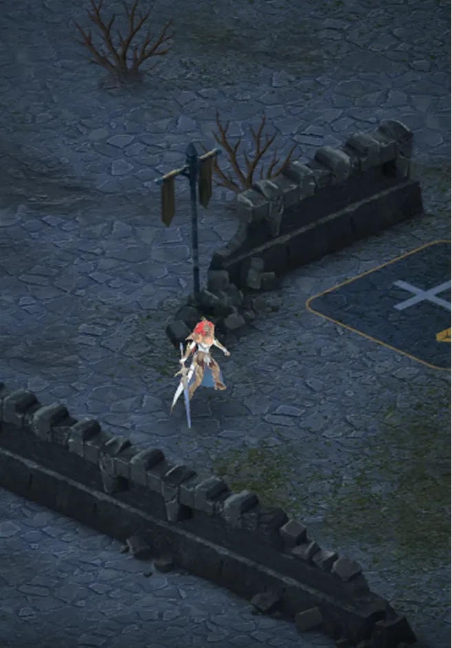 Top-down dark fantasy RPG screenshot from RAID: Shadow Legends showing isometric ruined castle courtyard with broken gray stone walls, barren trees, banners on poles, and glowing white cross marker on landing pad; red-haired female champion in golden armor wielding dual swords stands ready amid rocky debris.