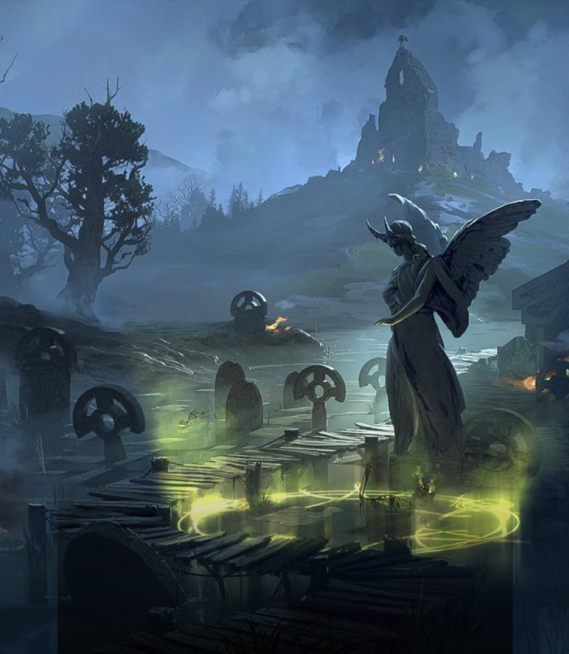 Armored warrior wearing a gold and black hooded cloak with glowing green eyes and a metallic face mask, adorned with ornate gold jewelry and chains.