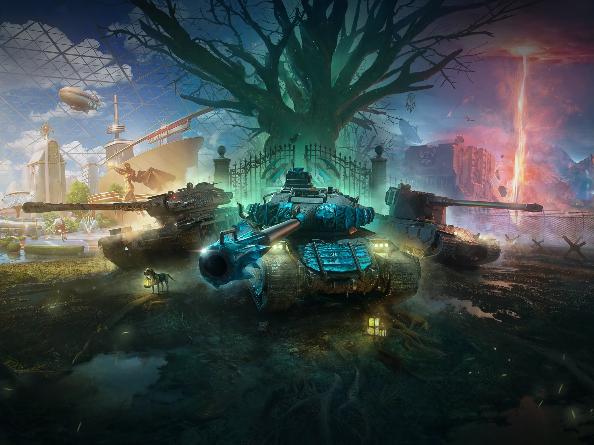 Epic key art for World of Tanks Blitz featuring four colorful tanks surrounding a massive dead tree with iron gates at center, against a surreal battlefield with zeppelins, fiery rifts, flooded ground, factories, and distant cityscape under stormy skies.