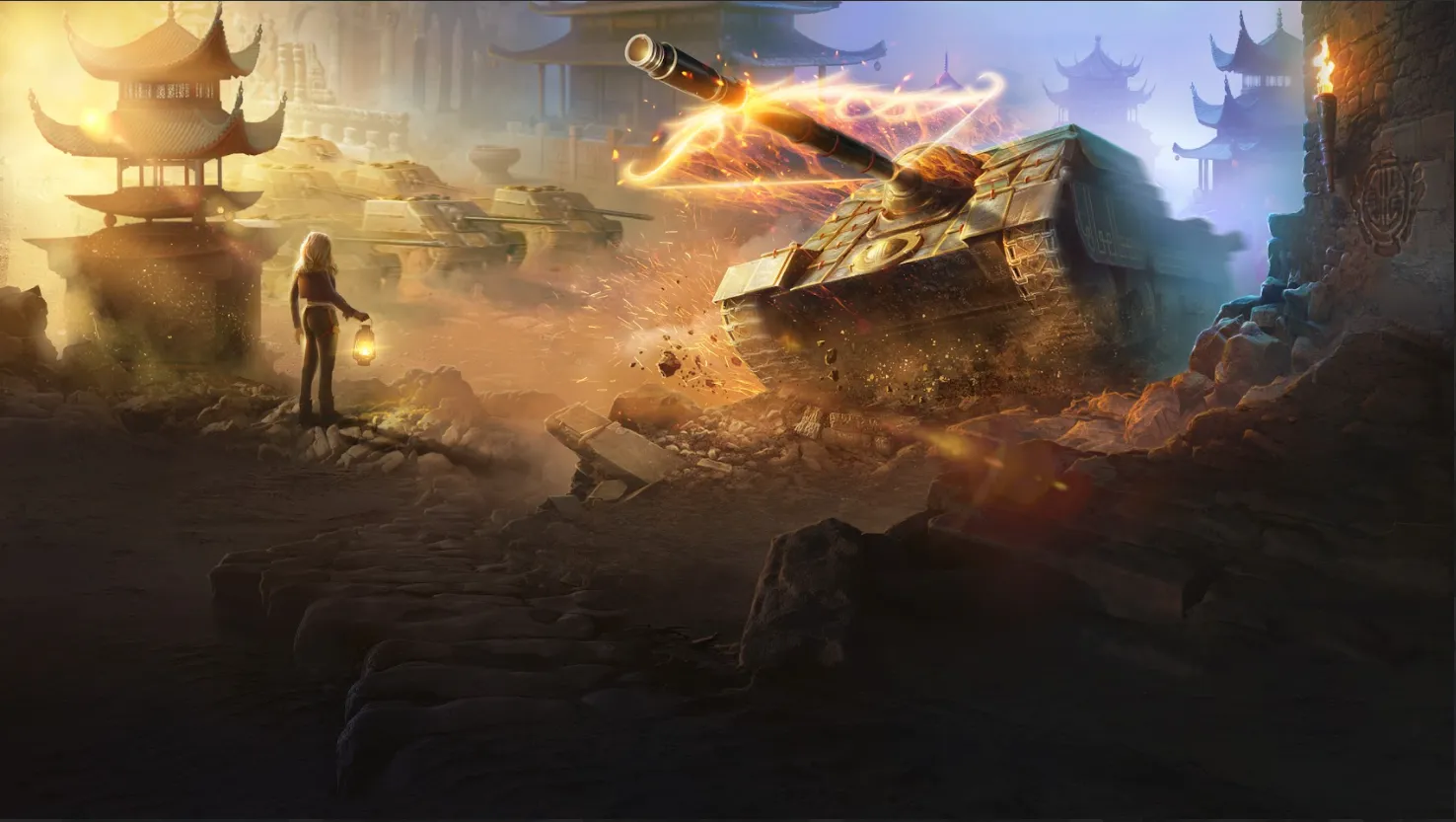 Intense action artwork from Sand Land game showing a fiery tank blasting through ancient Chinese temple ruins with pagodas and lanterns; a silhouetted female character with lantern stands foreground amid explosions, rubble, and dramatic orange flames on dark blue-toned scene.