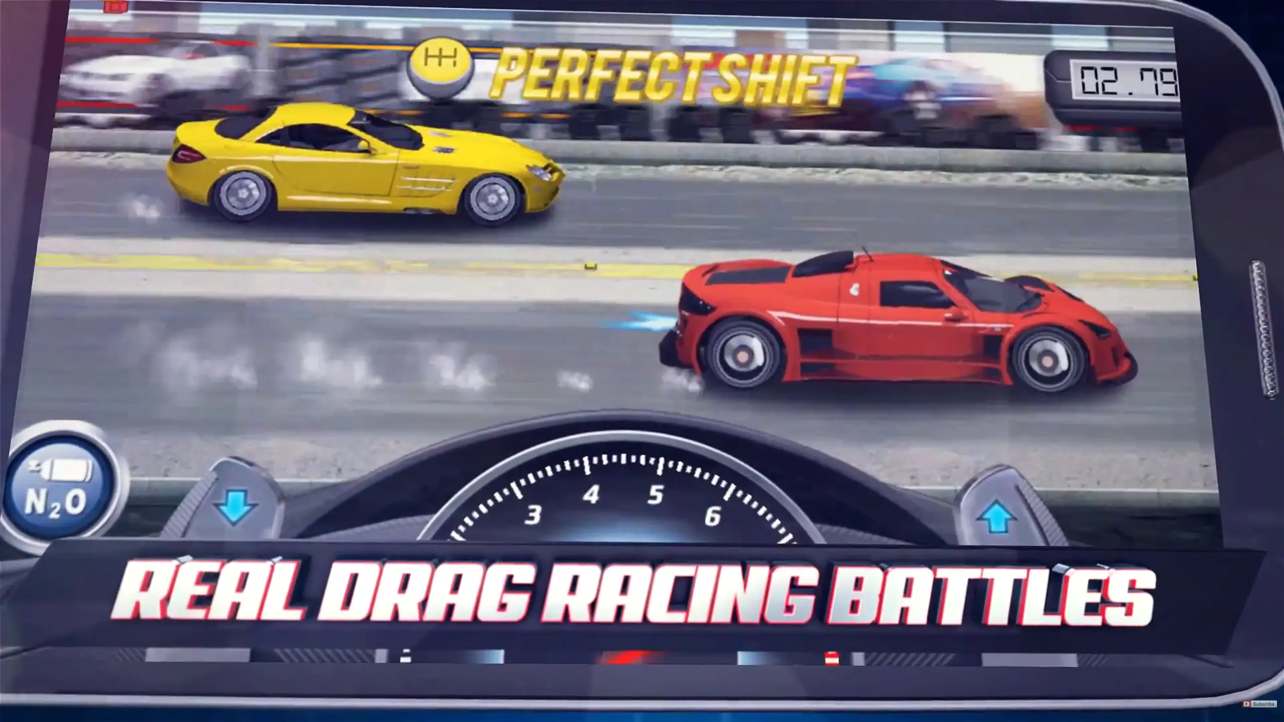 Dynamic racing screenshot from Real Racing Battles or Perfect Shift drag racing mobile game showing a first-person cockpit view during a race; red supercar accelerates on urban road passing yellow Nissan GT-R, timer at 02.79 seconds, "Perfect Shift" label, speedometer at ~300-400 km/h, gear shift indicator.