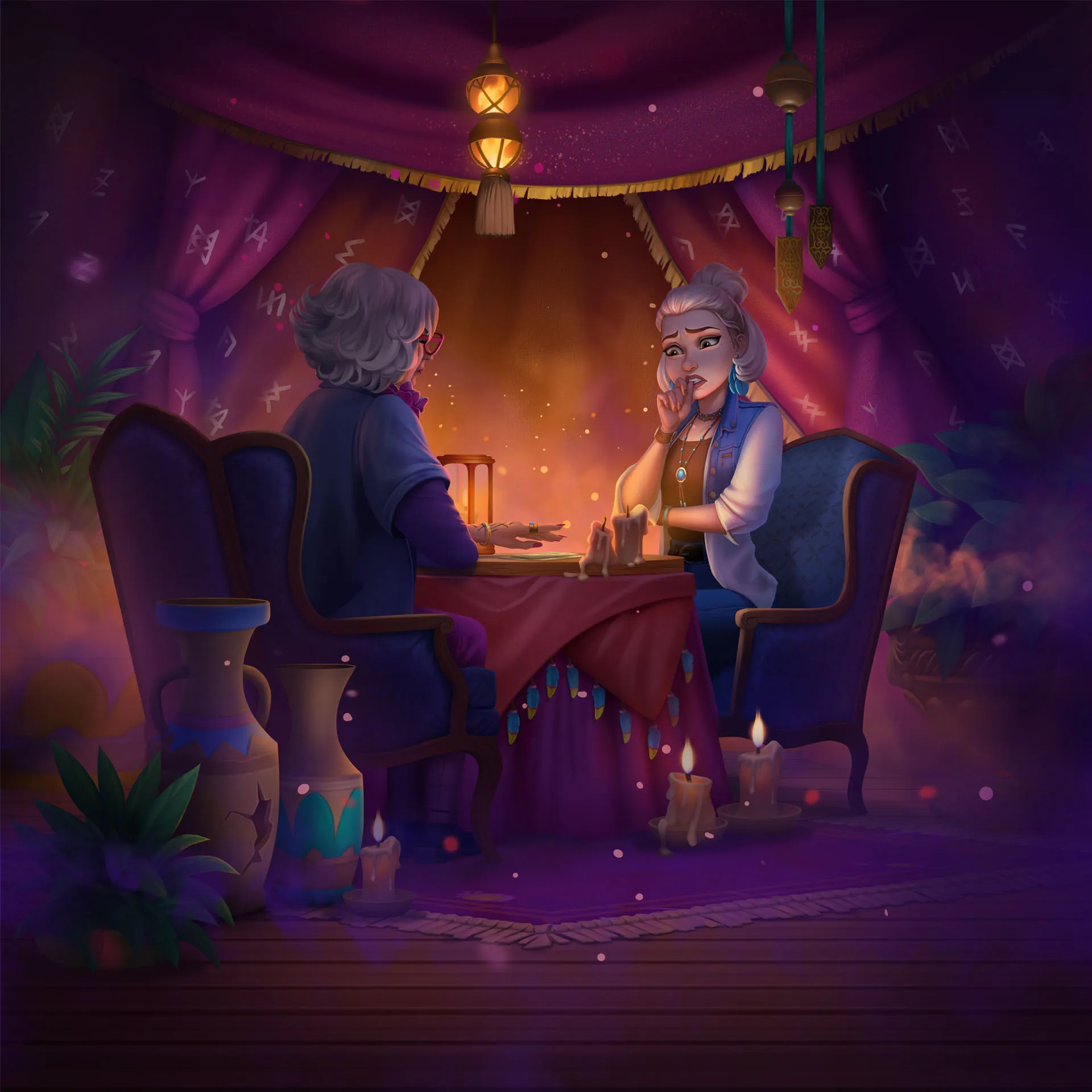 Dimly lit room with elderly bearded man in red robe and hat sitting at ornate table with cards and glowing orb, surrounded by mystical figures.