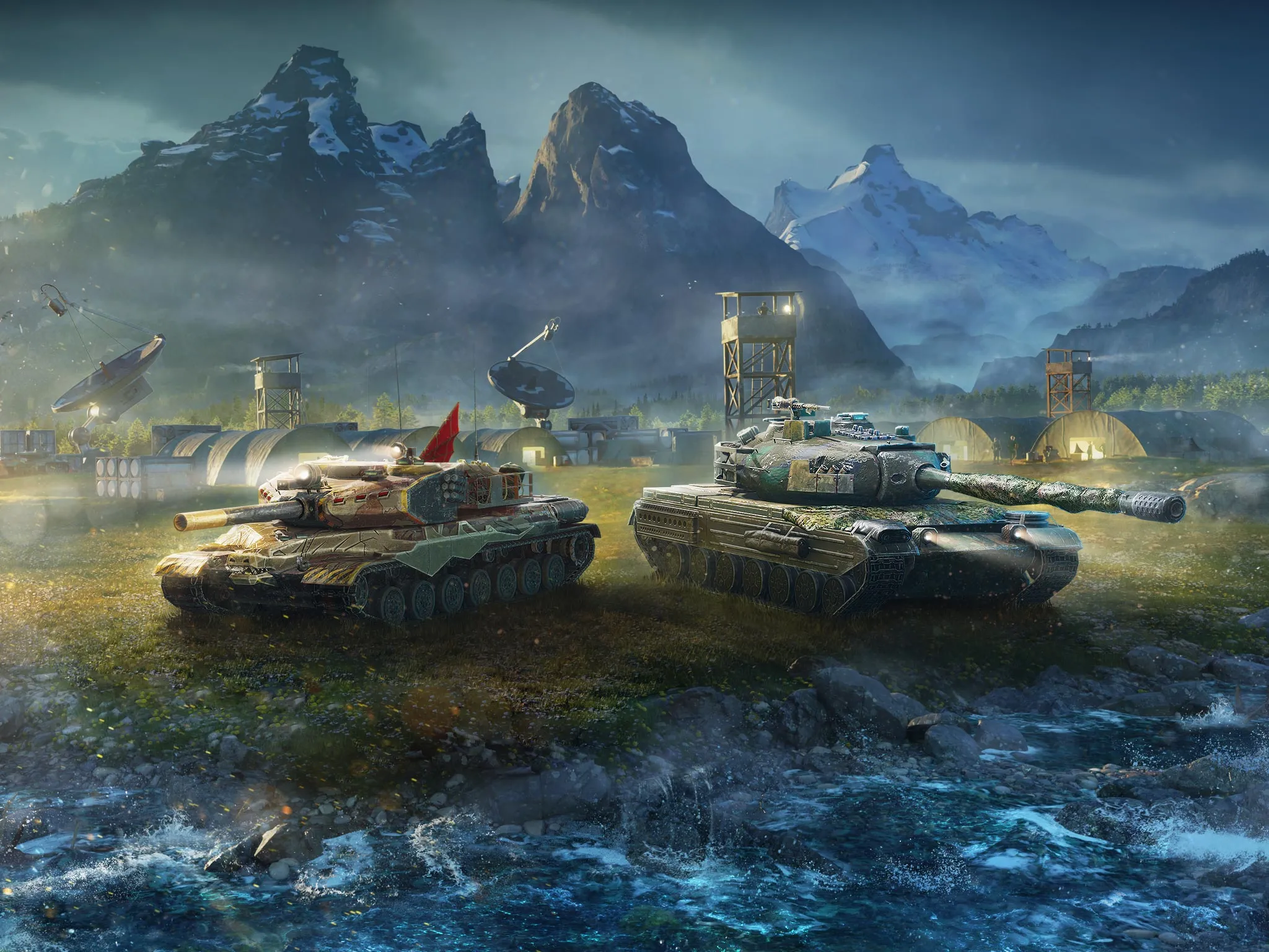 Two tanks positioned on rocky mountain terrain near ocean waves at dusk with distant islands.