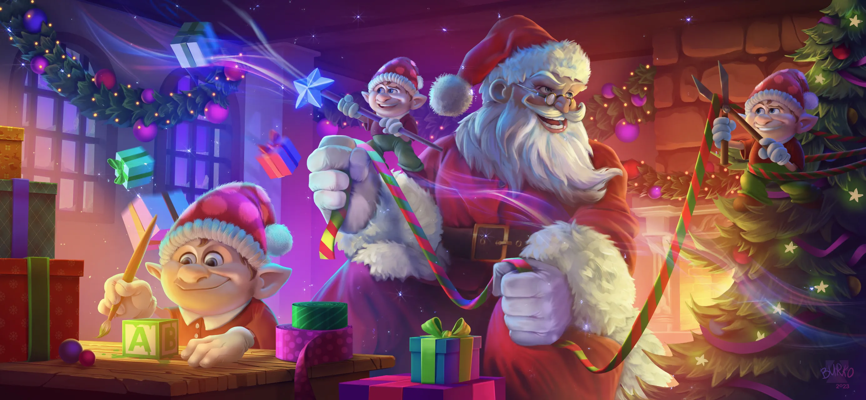 Festive scene of cartoon Santa Claus in green suit dancing with elves and children holding gifts under sparkling Christmas lights and decorations.