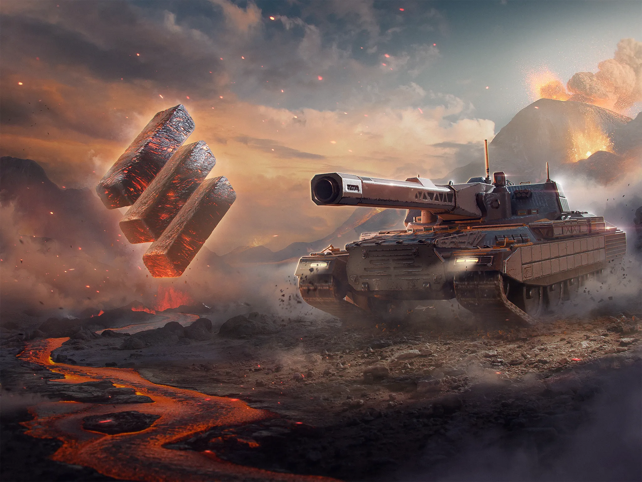 Massive tank firing explosive shells at floating red crates amid volcanic lava flows and rocky terrain.