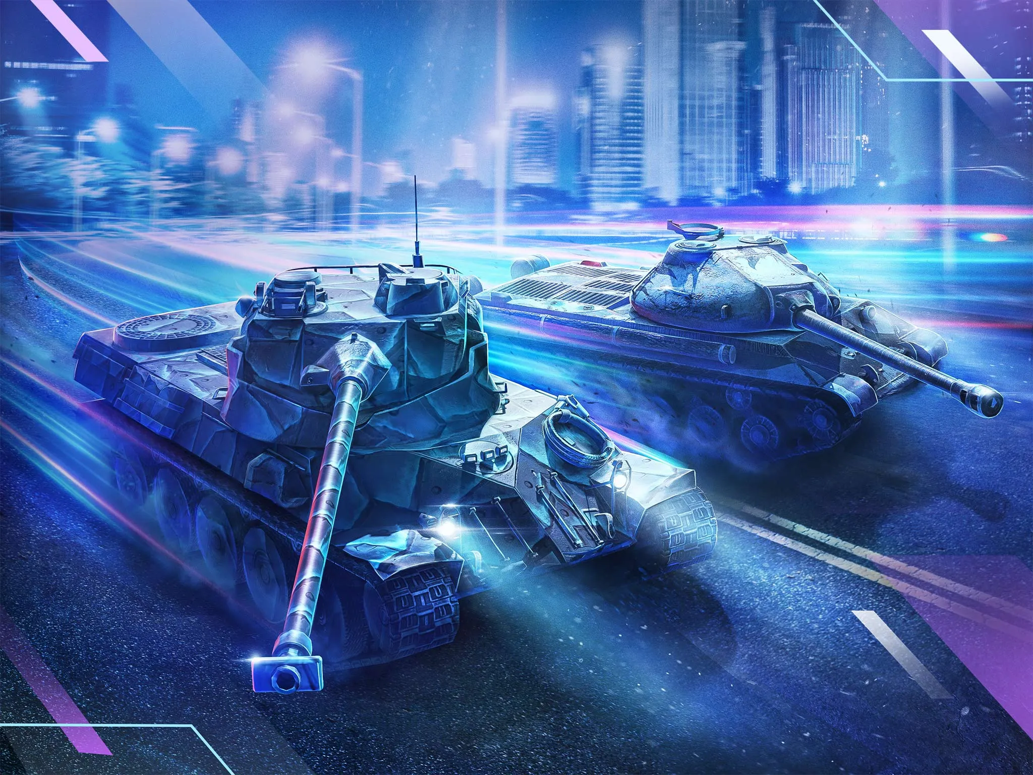 Futuristic neon-lit cyberpunk street scene with blue and pink armored tanks maneuvering between skyscrapers.