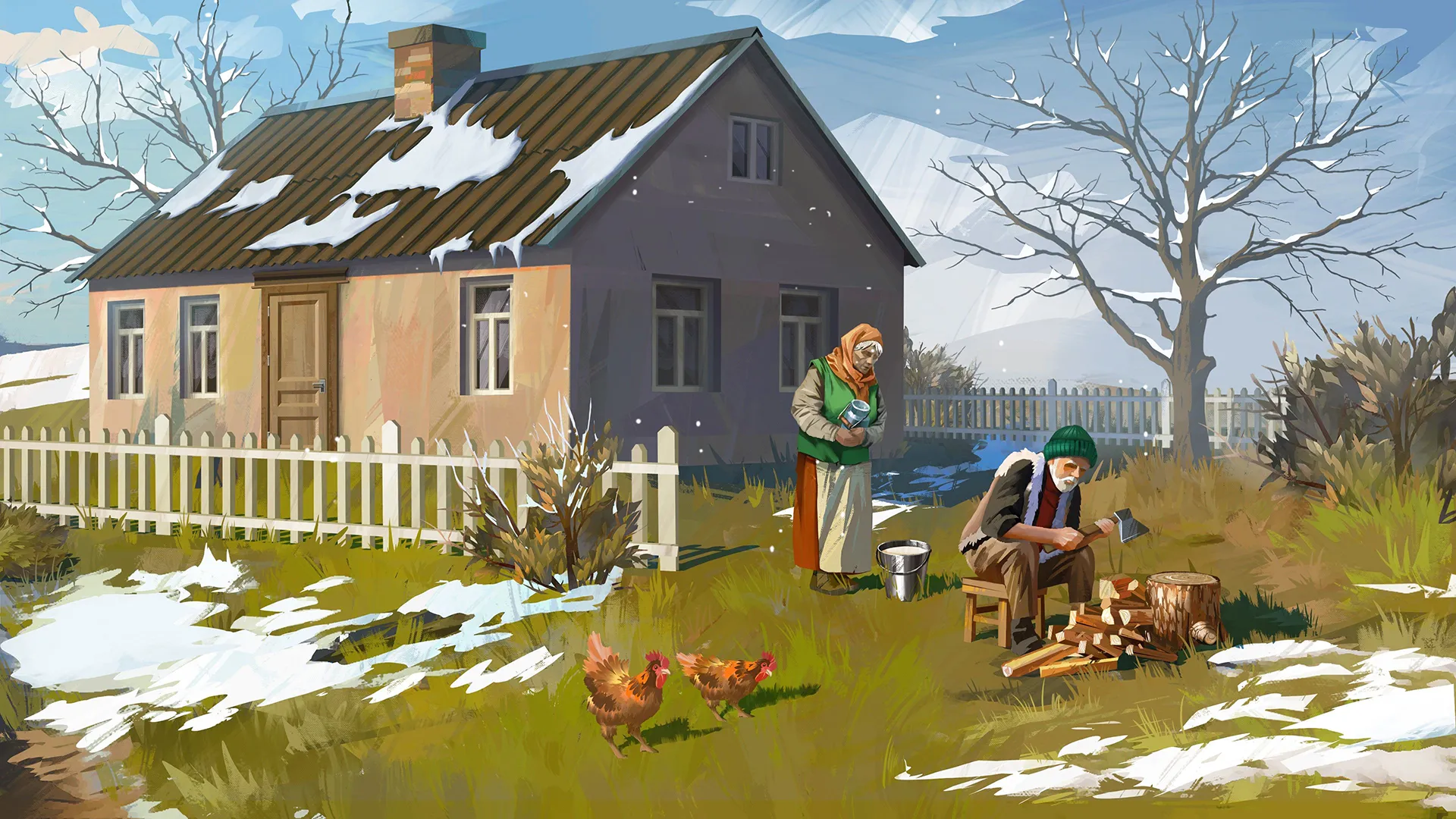 Cozy snow-covered house with chimney smoke, picket fence, family, and pets playing on a sunny winter lawn.