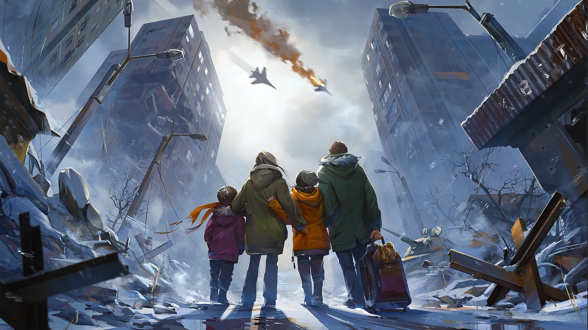 Dramatic post-apocalyptic scene with children in winter coats standing amid snowy ruins and crashed flying vehicle against rocky mountains.