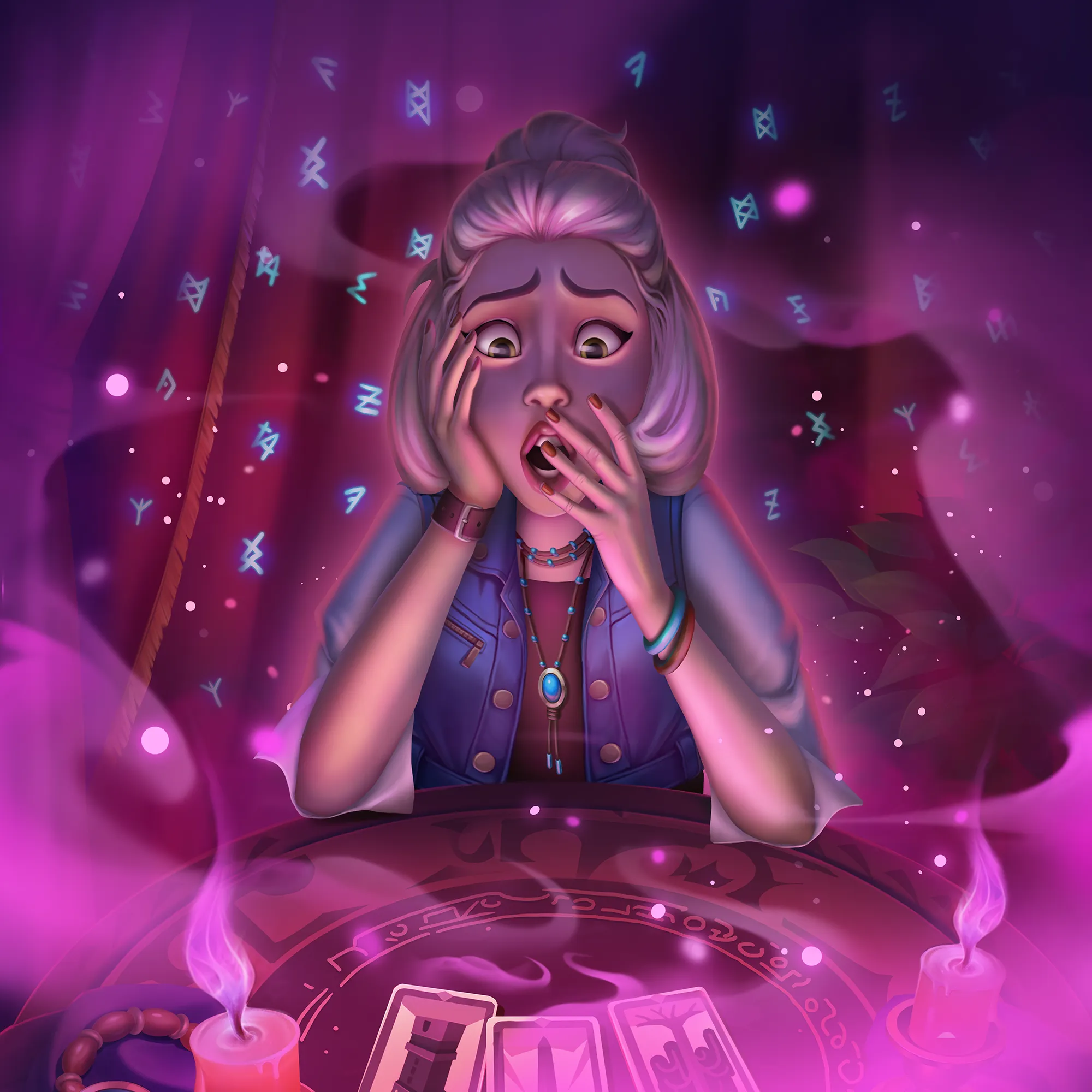 Surprised pink-haired girl in denim vest sitting in purple magical glow with floating sparkles and wide-eyed expression.