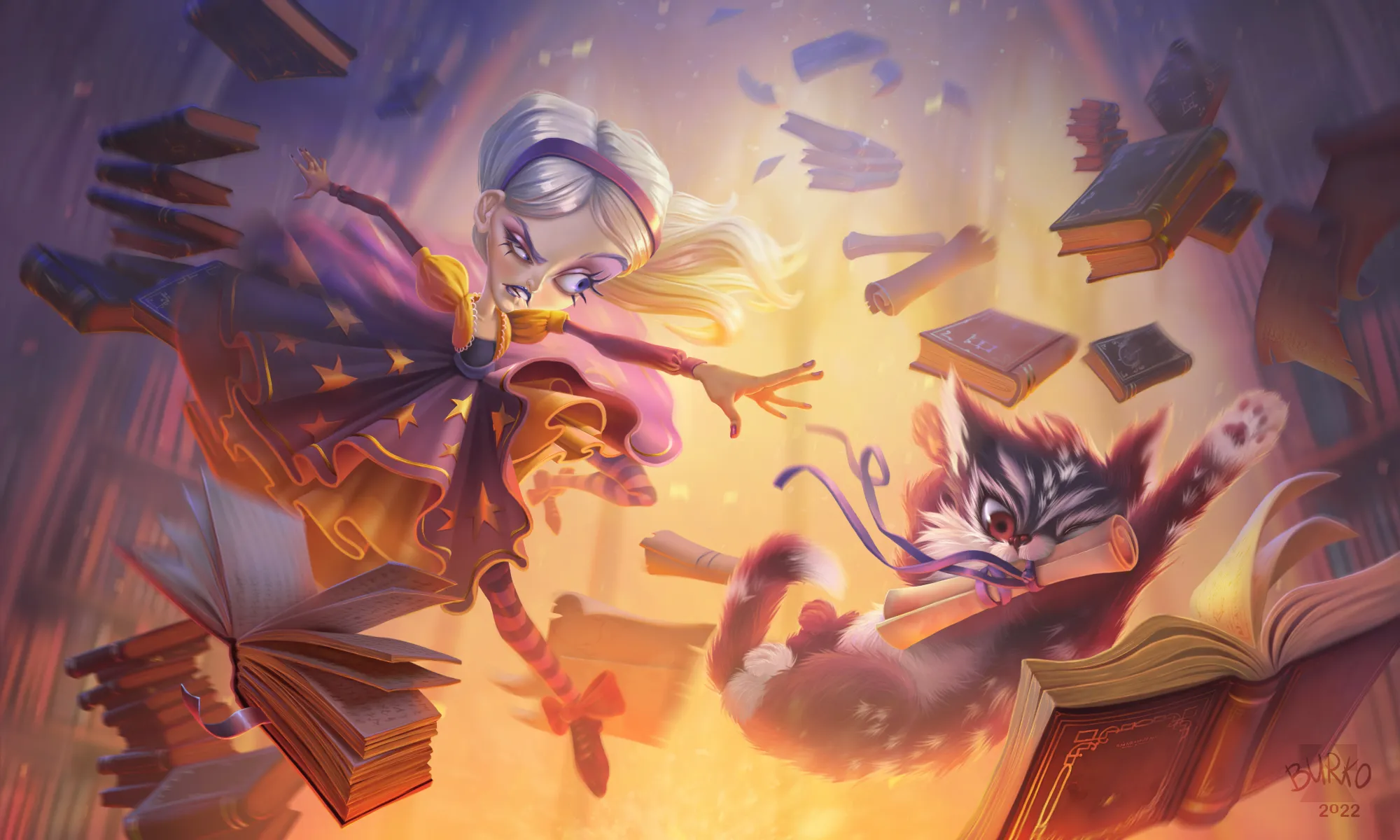 Magical fairy or sprite surrounded by flying books, papers, and cat-like creature in a vibrant, explosive colorful burst.