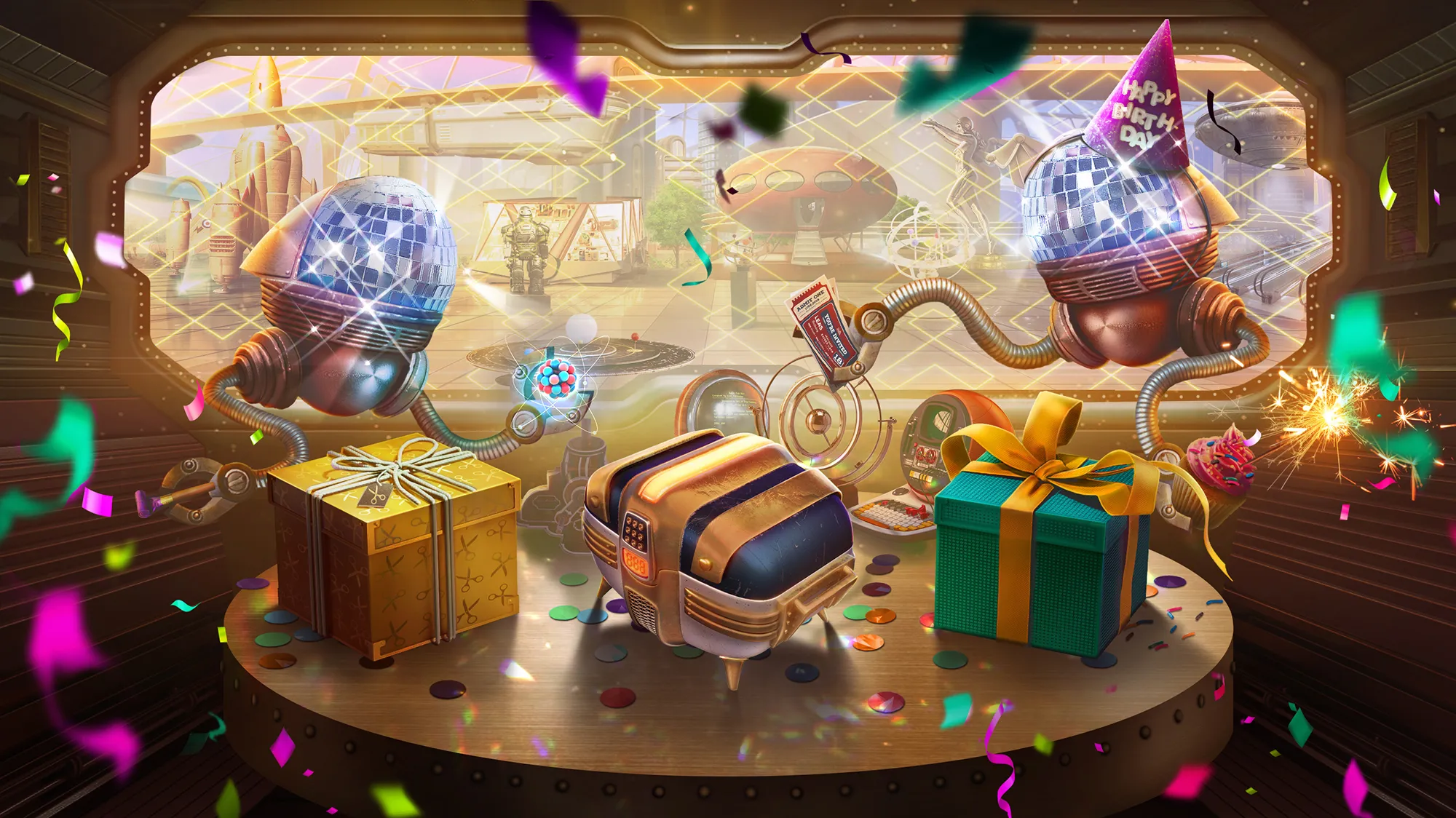 Festive toy factory scene with crystalline gnome creatures assembling colorful gift boxes amid confetti and party hats.