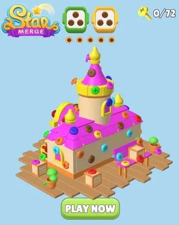 Promotional screenshot for Star's Merge game displaying a whimsical 3D pink and yellow castle-like building adorned with purple buttons, stars, and candy details on a blue platform with plants and crates; top UI shows merged star items at levels 2 and 3 with 0/72 progress; vibrant "Play Now" button below.