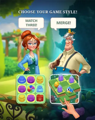 Royal merge games mobile app showing an isometric view of a starting village on a green cliffside with a red-roofed house featuring an orange door, a gift box, mud puddle, and dirt path; female character in white shirt and jeans stands nearby with "Drag to Move" instruction and three question mark icons at top left above 0 gold coins; surrounded by autumn trees and rocky terrain against cloudy sky.