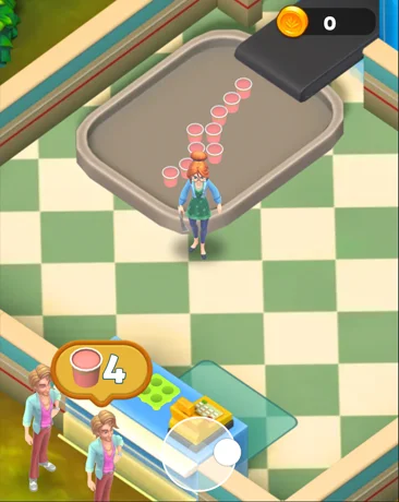 Order fulfillment minigame screenshot from Township cafe diner showing isometric kitchen counter with conveyor belt of red cups, female chef in glasses apron behind it, another woman customer waiting; task to grab 4 cups highlighted in orange circle amid trays and kitchen tools; 0 coins in top UI.