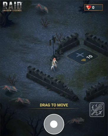 Screenshot from RAID: Shadow Legends mobile RPG showing an isometric dark fantasy ruins scene with stone walls, barren trees, wolves prowling, and a female knight champion in white armor standing on a path near a gem reward and +10 cross marker; "Drag to move" instruction at bottom with sword icon and circle button; 0 diamonds in top UI.
