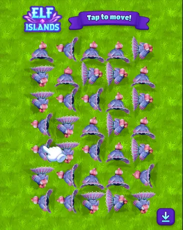 Dramatic promotional screenshot from Elf Islands mobile game showing a ginger-haired female elf in glasses entangled in thick green vines in a dark jungle setting, holding a glowing orange staff; below her, a yellow match-3 puzzle board partially filled with items like black shards, potion bottles, leaves, stars, knives, flames, and plants.