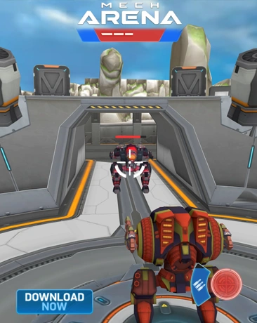 Action screenshot from Mech Arena PvP robot shooter game depicting a dynamic third-person view of two mechs battling on a rocky elevated platform with blue skies and distant rocks; a red-and-white striped mech dashes forward while a bulky orange mech with blue accents faces it; "MECH ARENA" title at top, download button, shield icon, and fire button in UI.