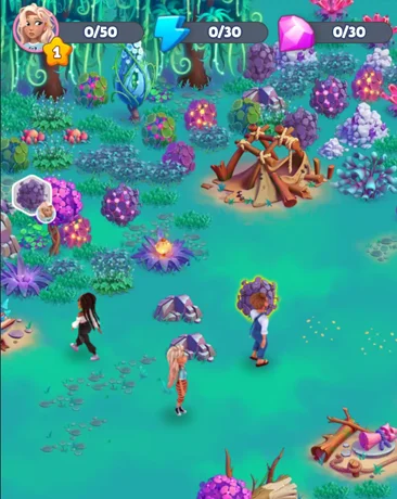 Exploration screenshot from Elf Islands mystical realm with vibrant purple hex flowers, crystals, swing bridge, wooden huts, fire glow, and three characters: dark-haired woman with umbrella, blonde in pink, man in blue shirt walking on teal ground