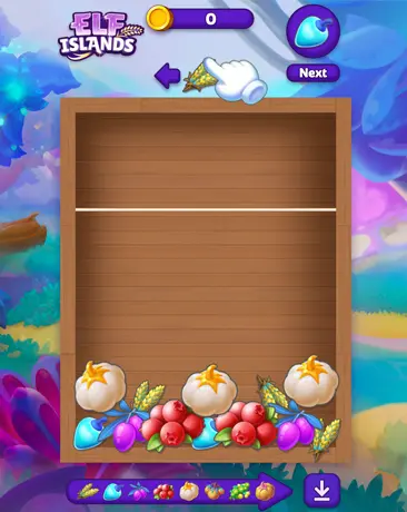 Screenshot from Elf Islands game featuring an empty wooden treasure chest interface with berry crops like stars, pumpkins, grapes, and blueberries at the bottom ready for harvest; navigation arrows, hand cursor, next button, 0 coins, and blue droplet icon in whimsical purple-toned UI.