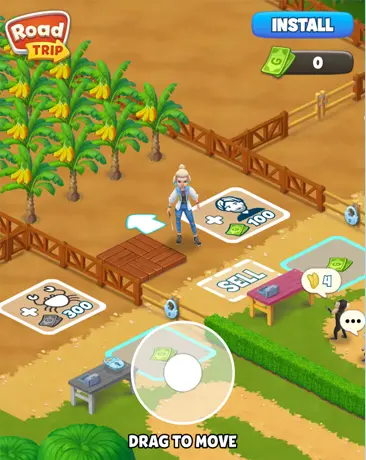 Royal merge games mobile app featuring a top-down view of a roadside adventure board in a tropical setting with banana trees and fences; character Alex in white shirt stands on a path pointing right near sell tiles offering +100 and +300 coins with crab and money icons; UI shows 9 gold coins earned and drag-to-move instructions.
