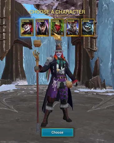 Character selection screen from Mech Arena game inside a grand stone hall with purple lighting; central figure is a tall clown-masked pilot in colorful purple-and-red jester outfit holding a staff and gold trophy, crowned hat; five character portraits with gold frames at top including masked and female figures; "CHOOSE A CHARACTER" header and blue "Choose" button below.