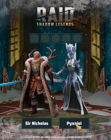Promotional Christmas event screen from RAID: Shadow Legends featuring two champions on a snowy rune platform: Sir Nicholas as a reindeer-antlered Santa in red fur coat with sword, and Pyniel as blue ice elf warrior with blade; five empty team slots above, "This gameplay is not actual gameplay" disclaimer below names.