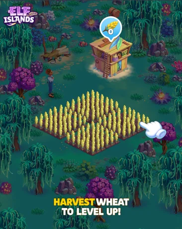 Farming quest screenshot from Elf Islands game showing a 4x4 grid of golden wheat stalks beside a wooden grain silo with ladder and wheat icon (0 level); male character stands nearby amid purple flowers, rocks, and lush greenery; "Harvest wheat to level up!" instruction at bottom.
