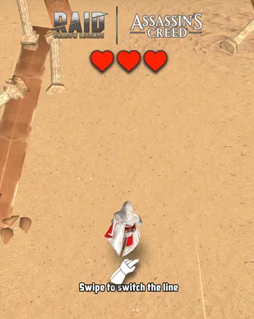 Mobile game screen showing an Assassin's Creed character on sand with three red hearts and instruction to swipe to switch the line.