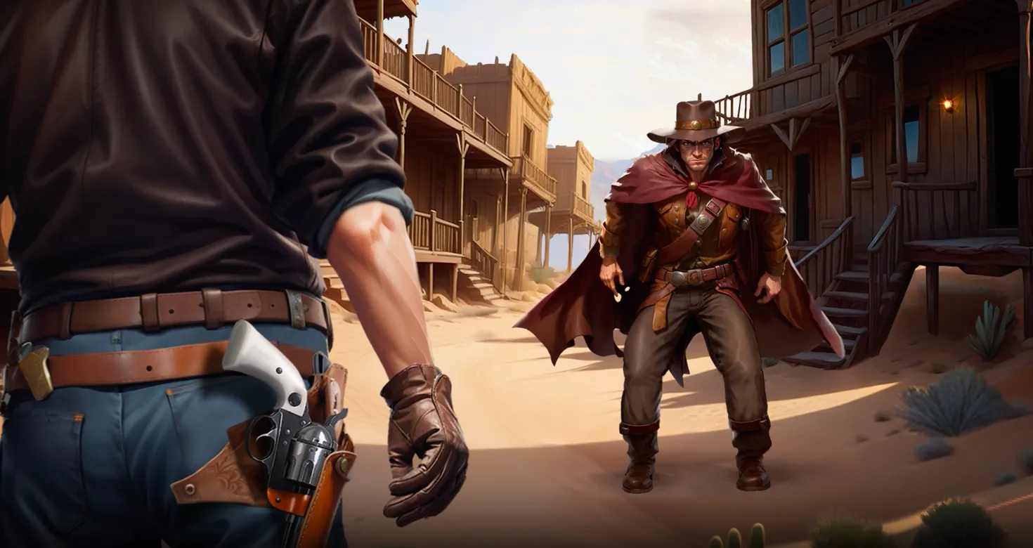 Cinematic Wild West showdown with a gunslinger’s hand resting near a holstered revolver in the foreground, facing an outlaw in a cloak and hat standing on a dusty street between wooden buildings.