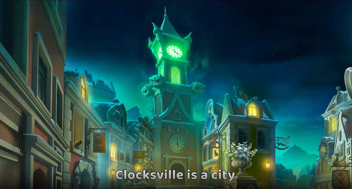 Nighttime fantasy town street with glowing teal clock tower, whimsical houses, and the caption “Clocksville is a city” at the bottom.