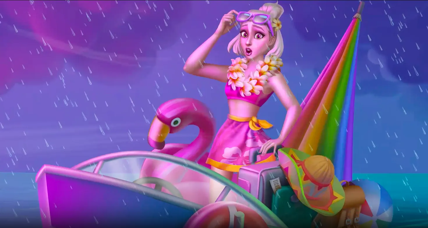 Stylized woman in pink tropical outfit posing on a flamingo float and boat full of beach gear, enjoying a rainy seaside vacation under a rainbow sail.