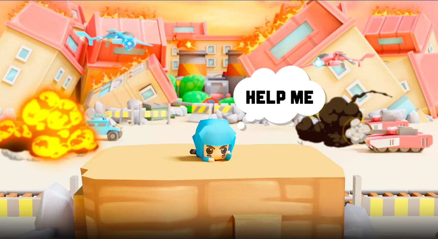 Game screenshot of a small blue helmeted character standing on a platform pleading "HELP ME!" in a pink-toned post-apocalyptic city with exploding buildings, flying helicopters, tiny tanks, and green debris.