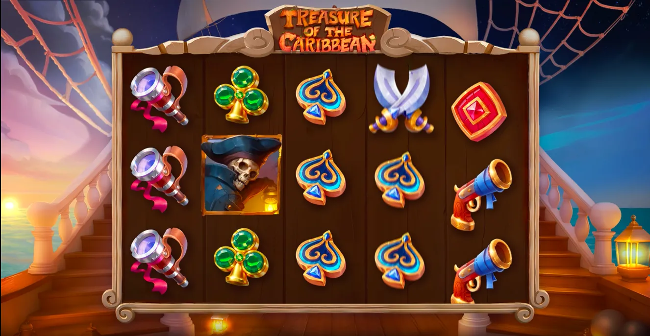 Screenshot of "Treasure of the Caribbean" slot machine game interface featuring pirate-themed symbols like spyglasses, green gems, crossed swords, cannon, clubs, pirate face, and wooden ship backdrop on stairs at sunset.